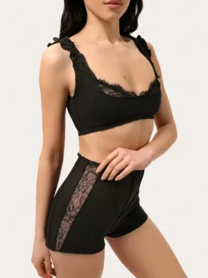 Schwarzes Baumwoll-Set mit Shorts mit Spitzendetails