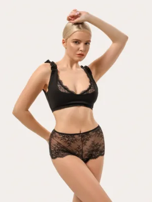 Schwarzes Baumwoll-Set mit Spitzen-Slips