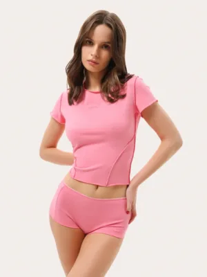 Rosa Baumwoll-Slim-Fit-T-Shirt mit Logo-Stickerei