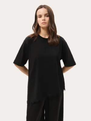 Schwarzes Kurzarmshirt mit asymmetrischem Spitzensaum