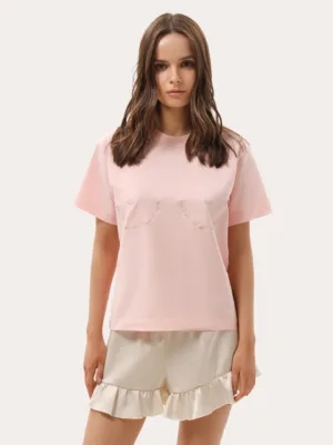 Rosa Kurzarmshirt mit Stickerei auf der Brust