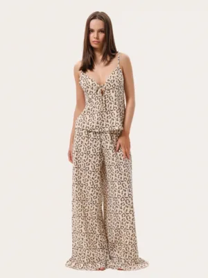 Beiger Musselin-Pyjama mit Leopardenmuster: Top und Hose mit Rüschen