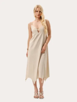 Beiges Leinenkleid in Midi-Länge
