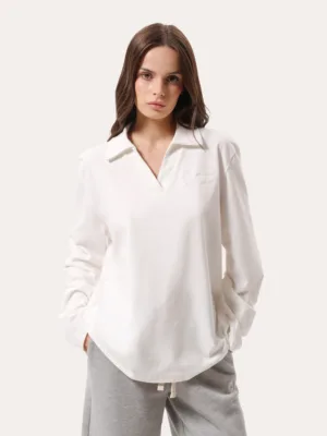 Oversize Longsleeve-Polo mit Stickerei - Milchweiß