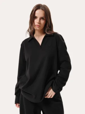 Oversize-Longsleeve-Polo mit Stickerei - Schwarz