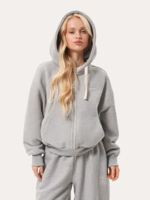 Basic Damen-Zip-Hoodie mit Stickerei – Graumeliert